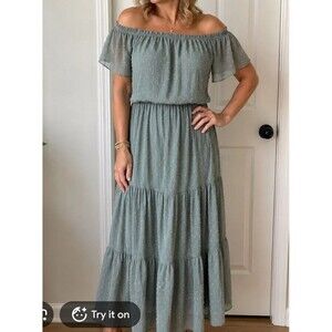 Baltic Born Lenora Smocked Dotted Maxi Dress Off Shoulder Sz XXL With Tassel